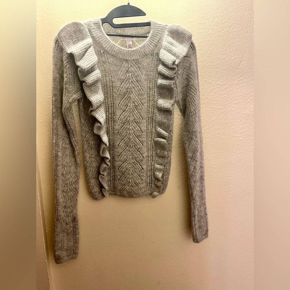 ASOS Topshop Ruffle Pointelle Crewneck Cropped Sweater, Light Gray - Picture 8 of 12